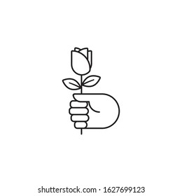 Hand holding rose flower vector outline icon. Valentines Day, love, romance and appreciation symbol 