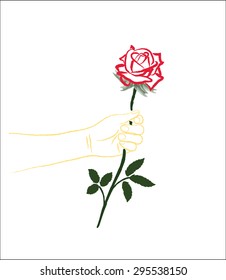 Hand holding a rose for give.