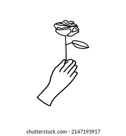 The hand holding a rose. Greeting card design in line style.  Vector illustration