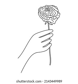 Hand holding a rose. Minimal linear style. Hand drawn sketch, Vector illustration.
