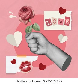 Hand holding rose,Valentine's Day collage featuring a hand making a heart gesture, Valentine concpet, Trendy retro 60s 70s cartoon style.