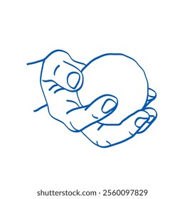 Hand holding a round ball. Blue doodle vector illustration. Index, middle, ring, little fingers and thumb