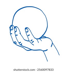 Hand holding a round ball. Blue doodle vector illustration. Index, middle, ring, little fingers and thumb