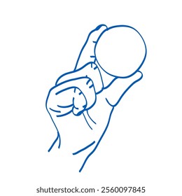 Hand holding a round ball. Blue doodle vector illustration. Index, middle, ring, little fingers and thumb