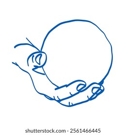 Hand holding a round ball. Blue doodle vector illustration. Index, middle, ring, little fingers and thumb
