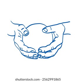 Hand holding a round ball. Blue doodle vector illustration. Index, middle, ring, little fingers and thumb