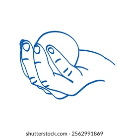 Hand holding a round ball. Blue doodle vector illustration. Index, middle, ring, little fingers and thumb