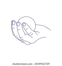 Hand holding a round ball. Contour vector illustration. Index, middle, ring, little fingers and thumb