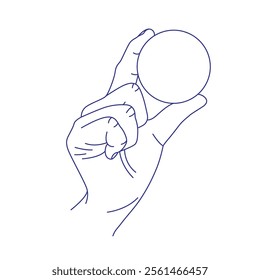 Hand holding a round ball. Contour vector illustration. Index, middle, ring, little fingers and thumb