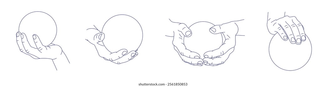 Hand holding a round ball. Contour vector illustration. Index, middle, ring, little fingers and thumb