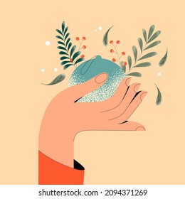 Hand Holding Round Fragile Christmas Bauble and Branches of Mistletoe Vector Illustration. Winter Holiday and Festive Tree Decoration