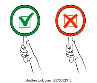 Hand holding round frame card handle  Mark X   Mark V  Red Cross sign  Green Tick sign  Yes   No icons for website application  web banner  poster  Sketch  editable linear contour drawing