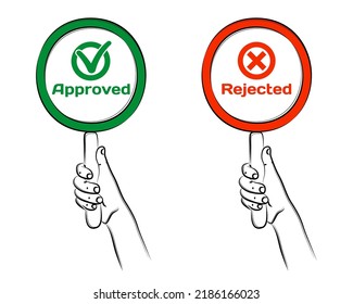 Hand holding round frame card handle  Red Rejected sign  Green Approved sign  Approve icon  Reject icon for website application  web banner  poster  Sketch  editable linear contour drawing