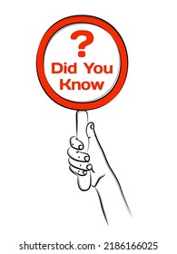 Hand holding round frame or card on handle with inscription Did You Know. Basis with question icon for various word of plot. Stamp for quotes to cards, banners, labels, notes, blog article. Sketch