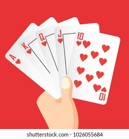 hand holding royal flush poker winning, playing card concept, vector illustration