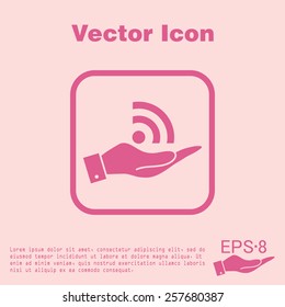 hand holding a rss symbol. character news symbol.