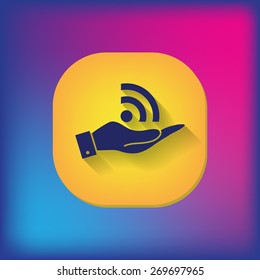 hand holding a rss symbol. character news symbol.