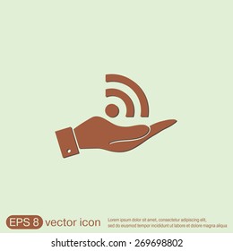 hand holding a rss symbol. character news symbol.
