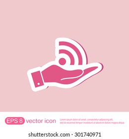 hand holding a rss symbol. character news symbol.