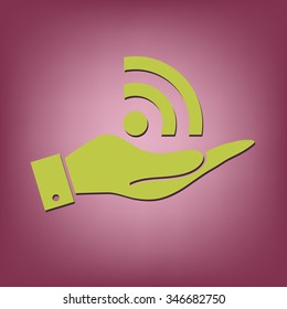 hand holding a rss symbol. character news symbol.