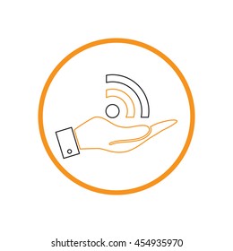 hand holding a rss symbol. character news symbol.