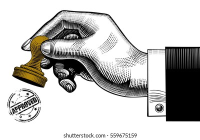 Hand holding a rubber stamp and round approved seal. Vintage stylized drawing. Vector illustration