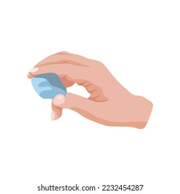 Hand, die Kautschuk hält, Vektorgrafik. Hand des Malers, der gelöscht wird, einzeln auf weißem Hintergrund. Kunst, Bildung, Schreibwaren, Kreativitätskonzept