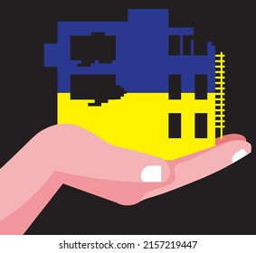 hand holding ruins of a residential house in colors of Ukrainian flag. War in Ukraine concept. Vector illustration