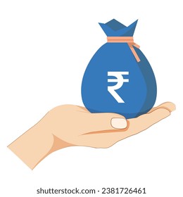 Hand holding rupee money bag, business success finance income concept vector illustration