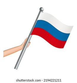 Hand holding the Russia flag, hands holding Rus flags, Russian national flag in hand. Hand-holding Russian waving and floating flag. Vector illustration.