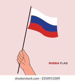 Hand holding Russia flag in line art drawing style. Russia hand Flag waving. Vector illustration