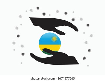 Hand holding Rwanda flag in cycle symbol, Protect Rwandan people from coronavirus or COVID-19 concept, Save rwanda, sign symbol background, vector illustration. 