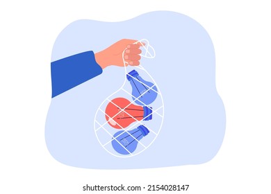 Hand holding sack with lightbulbs. Employee or thief with bag of bulbs as symbol of ideas flat vector illustration. Creativity, inspiration, plagiarism, ecology concept for banner or landing web page