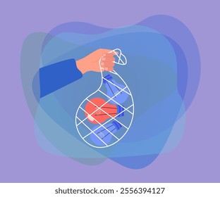 Hand holding sack with lightbulbs. Employee or thief with bag of bulbs as symbol of ideas flat vector illustration. Creativity, inspiration, plagiarism, ecology concept for banner or landing web page