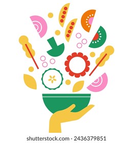 Hand holding a salad bowl. Fresh ingredients for a salad falling into the bowl. Salad bar for healthy meal. Vegetarian dish. Organic food. Healthy food flat vector illustration. Poke bowl. Veggie