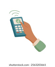 Hand holding a sale terminal. Female hand holds a digital payment device. Payment transfer, business concept, flat style, ideal for financial economy.