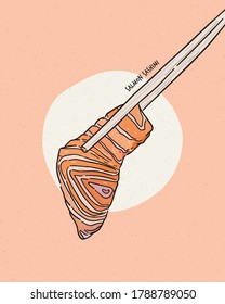 Mano sosteniendo el sashimi de salmón usando palillos - Salmón crudo fresco cortado en rodajas, comida japonesa. vector de esbozo de dibujo manual.