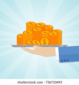 Hand holding a salver with coins. Vector illustration