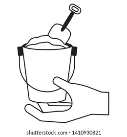 hand holding sand bucket shovel vector illustration