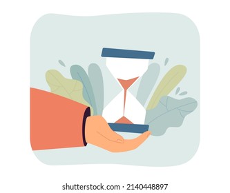 Hand holding sand-glass flat vector illustration. Metaphor for business, time management, deadline or saving time. Countdown, measurement concept for banner, website design or landing web page