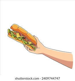 Hand holding sandwich in white background.