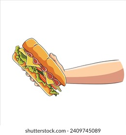 Hand holding sandwich in white background.