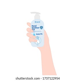 hand is holding sanitizer pump bottle. diseases prevention. personal healthcare. product advertisement. illustration vector.