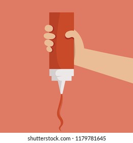 Hand holding sauce vector concept.