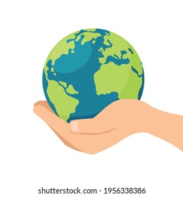 hand holding save earth globe. green planet on hand. save environment and nature concept. vector illustration in flat style modern design. isolated on white background.