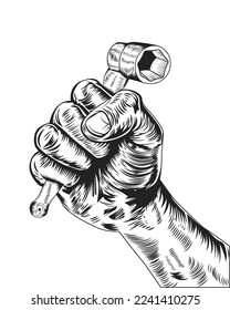 Mano de mano Scaffold Spanner Concepto de trabajo Esbozo ilustración vectorial