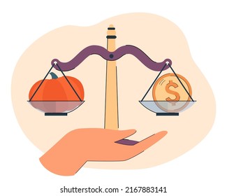 Hand holding scale with vegetable and money. Pumpkin and coin. Inflation, rising food prices concept for website or landing page