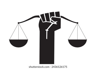 Mano sosteniendo escalas en equilibrio. Concepto de derechos civiles. Silueta negra o signo sobre fondo blanco. La justicia escala en la mano del abogado. Icono en estilo plano. Ilustración de vector