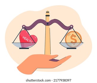 Hand holding scales with gold coin and heart as symbol of health. Balance between money and wellbeing flat vector illustration. Healthcare, finances, choice concept for banner or landing web page