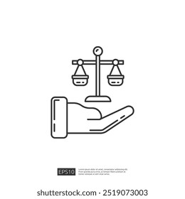 Hand holding scales of justice icon in line style. Law, legal, attorney, court, justice, equality, balance, right, judge, law firm, advocate, legal advice, legal services, law firm logo